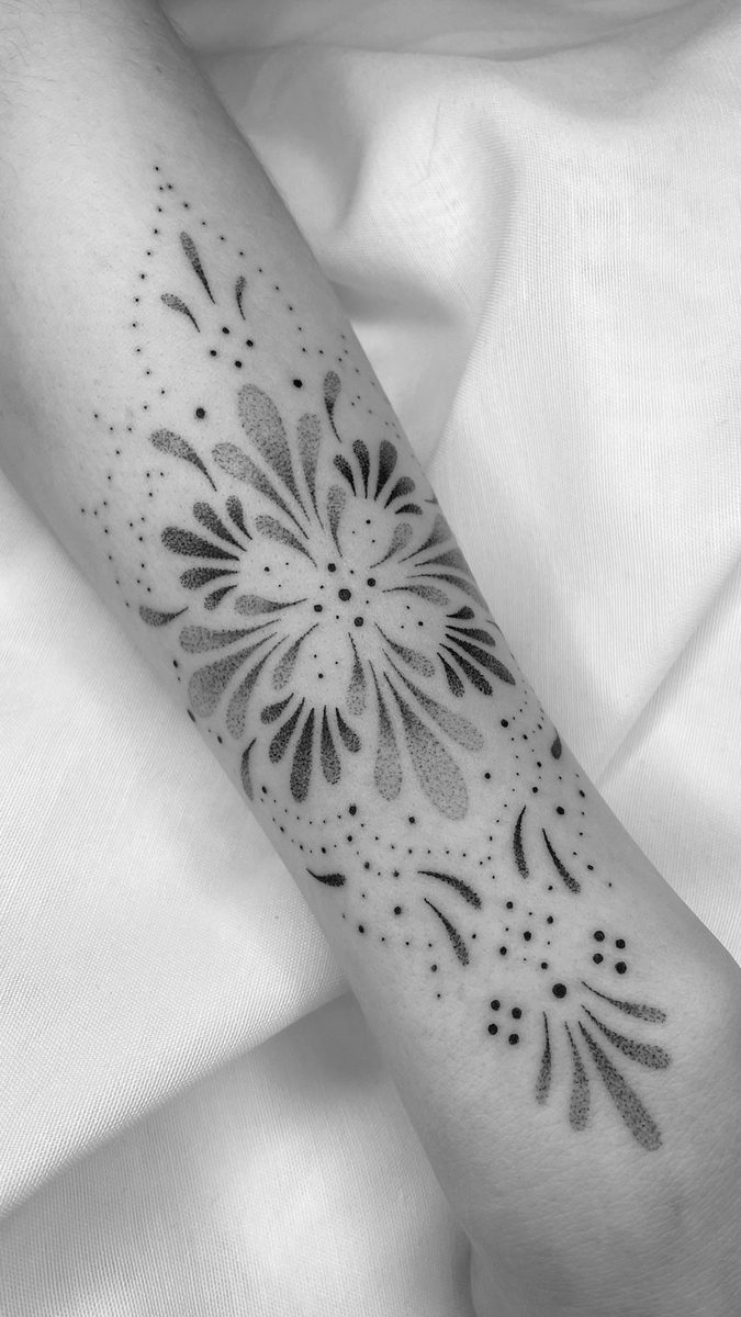 Dotwork floral mandala forearm tattoo by Caroline Lindskov
