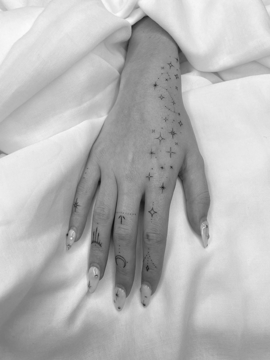 Astrological fine line dotwork tattoo by Caroline Lindskov