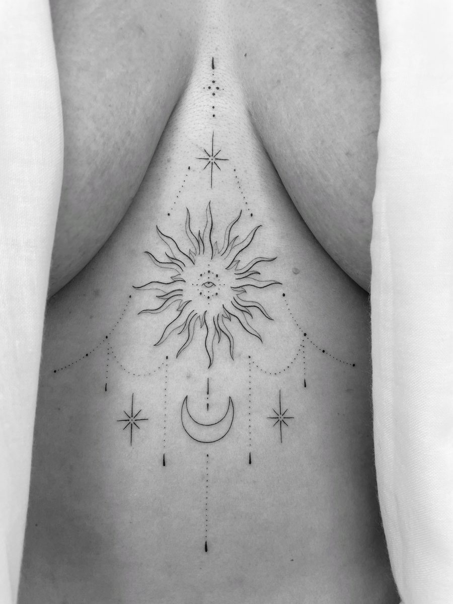 Spiritual symbol fine line tattoo by Caroline Lindskov