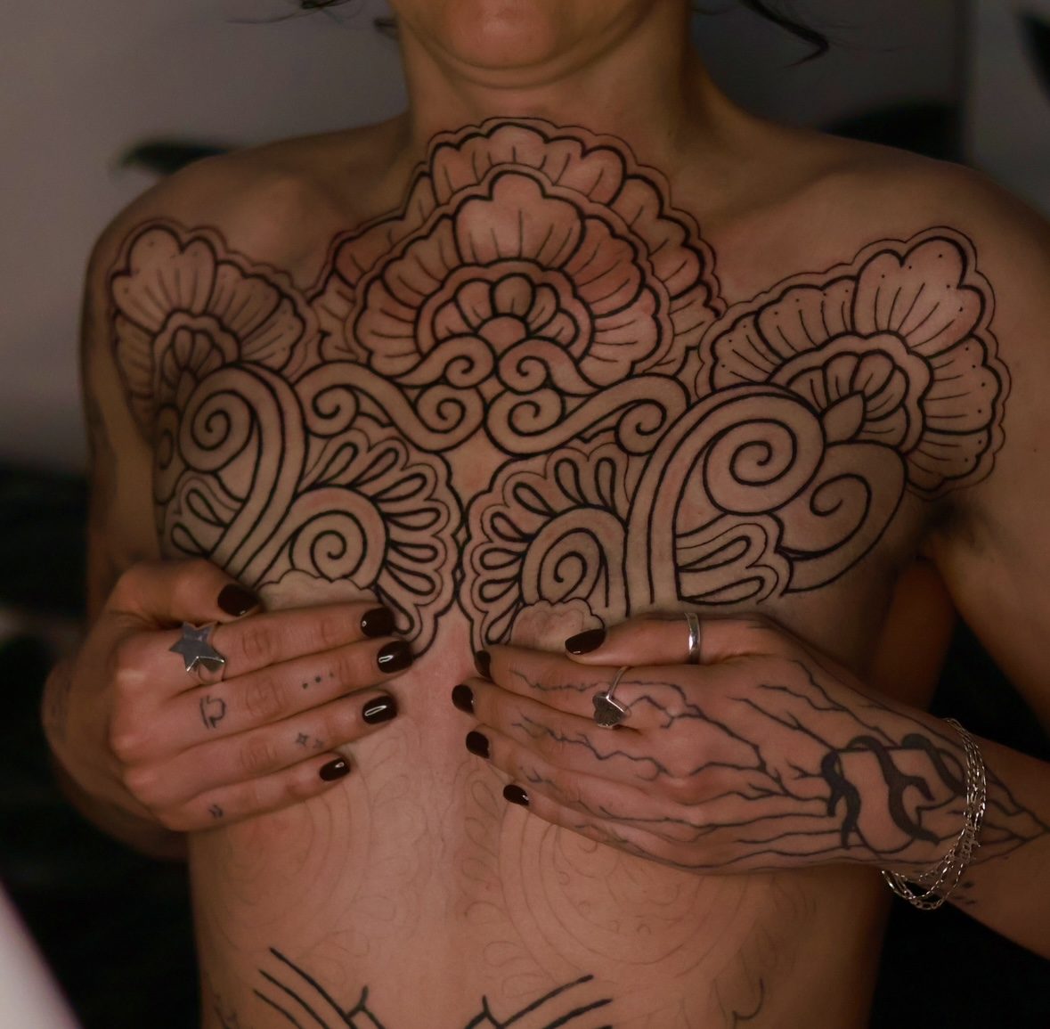 Bold ornamental linework tattoo by Josh Marx